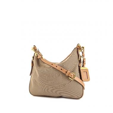 Borsa a tracolla Prada in tela beige e pelle marrone