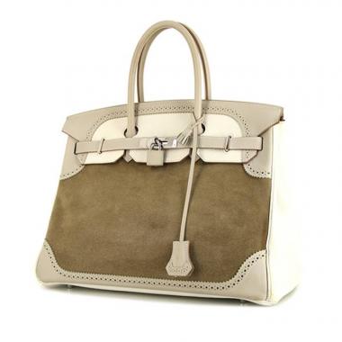 Hermès Birkin Ghillies handbag in white and grey leather and khaki doblis calfskin