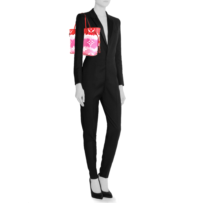 Sac cabas Louis Vuitton Neverfull moyen modèle en toile enduite rose et rouge et cuir rouge - Detail D1