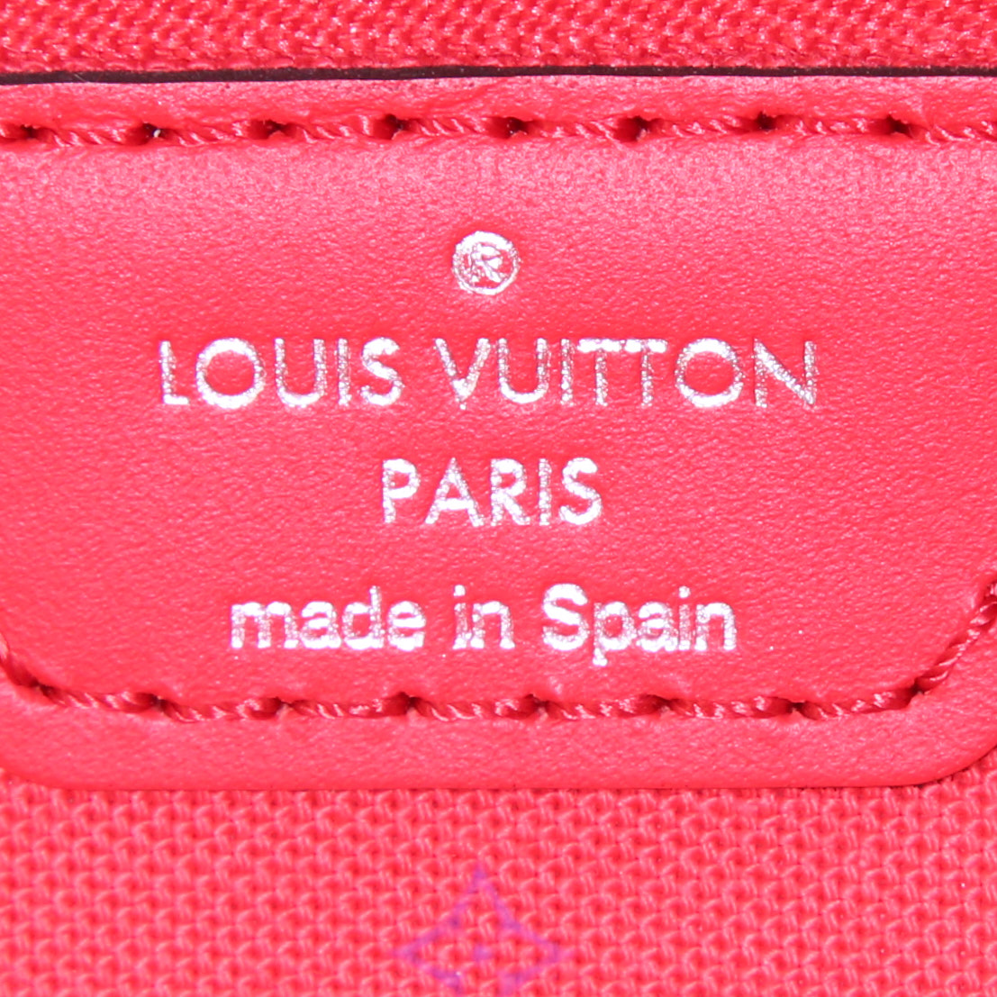 Louis Vuitton Neverfull medium model shopping bag in pink and red coated canvas and red leather - Detail D3