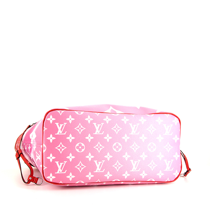 Bolso Cabás Louis Vuitton Neverfull modelo mediano en lona revestida rosa y roja y cuero rojo - Detail D4