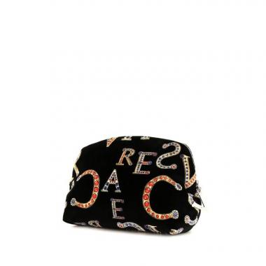 Pochette Versace in velluto nero motivo firmato e pelle nera