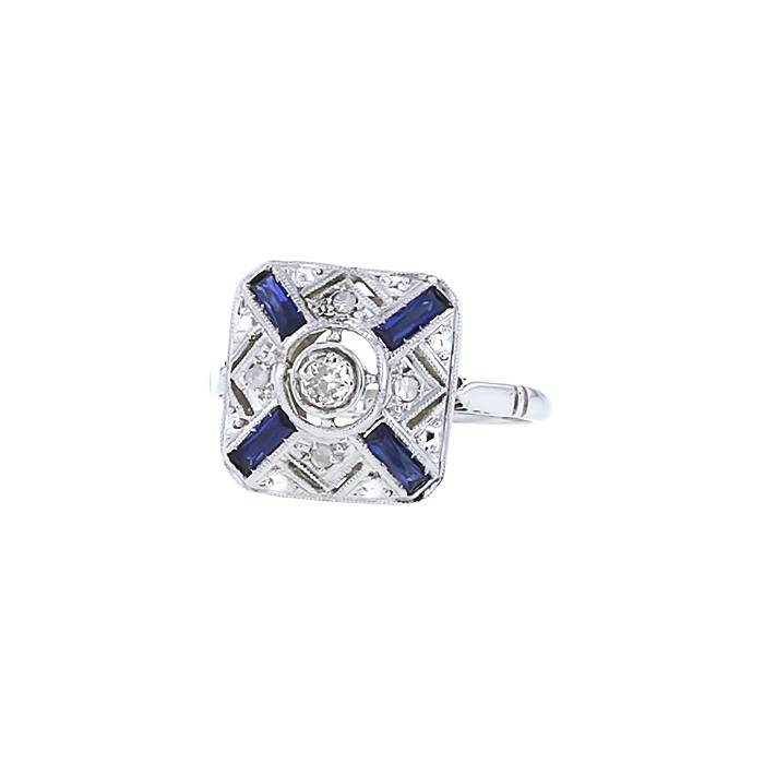 Sortija Art Déco Vintage en platino,  diamantes y zafiros