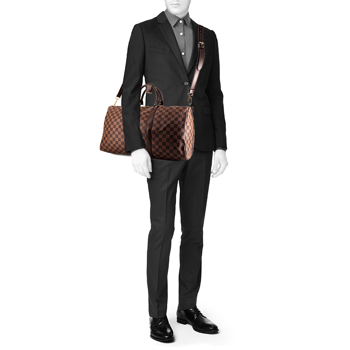 Louis Vuitton Keepall 45 travel bag in ebene damier canvas and brown leather - Detail D2