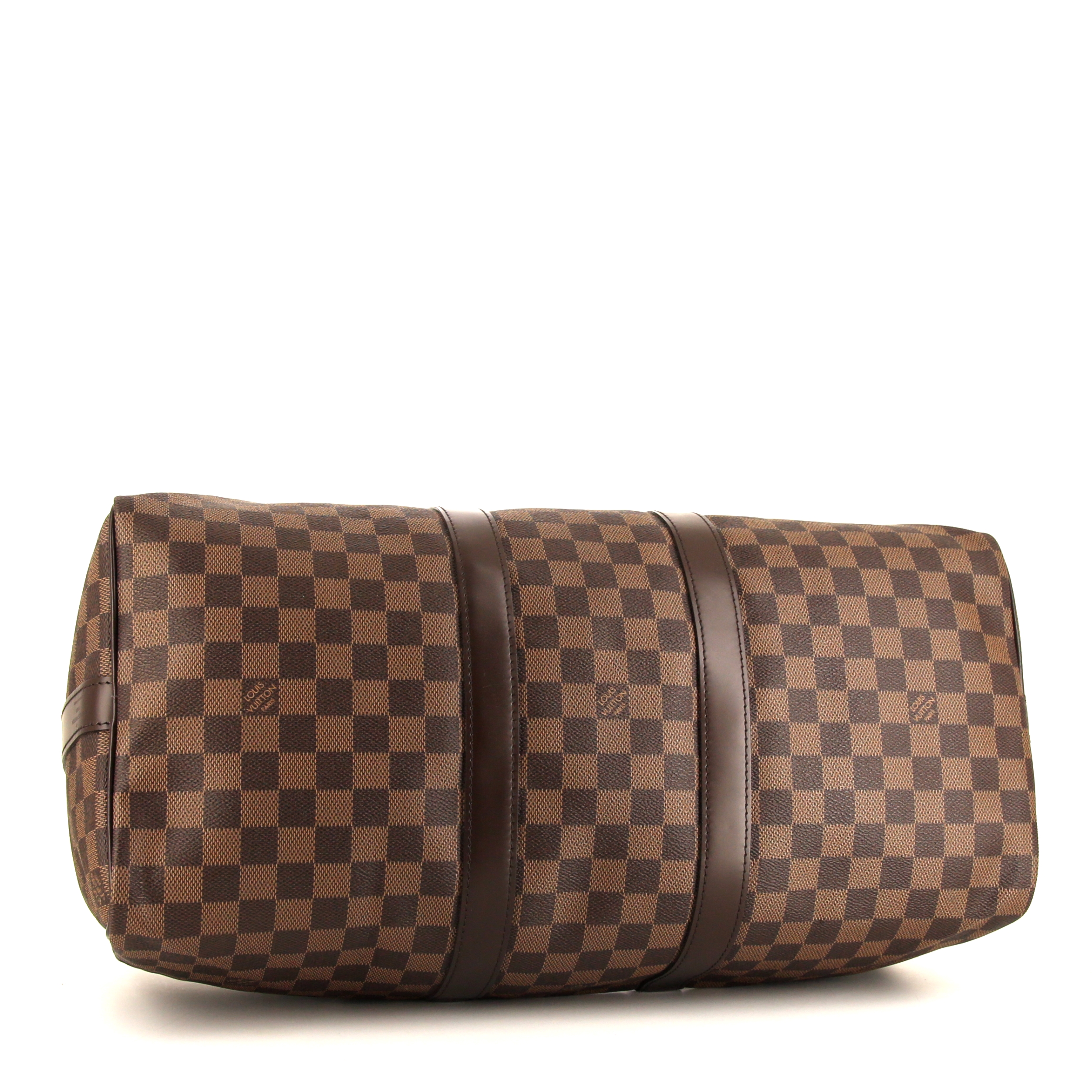 Louis Vuitton Keepall 45 travel bag in ebene damier canvas and brown leather - Detail D5