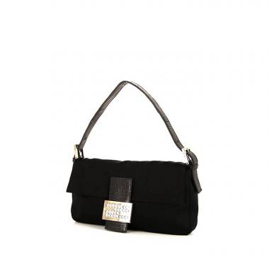 Fendi Baguette handbag in black satin and black lizzard