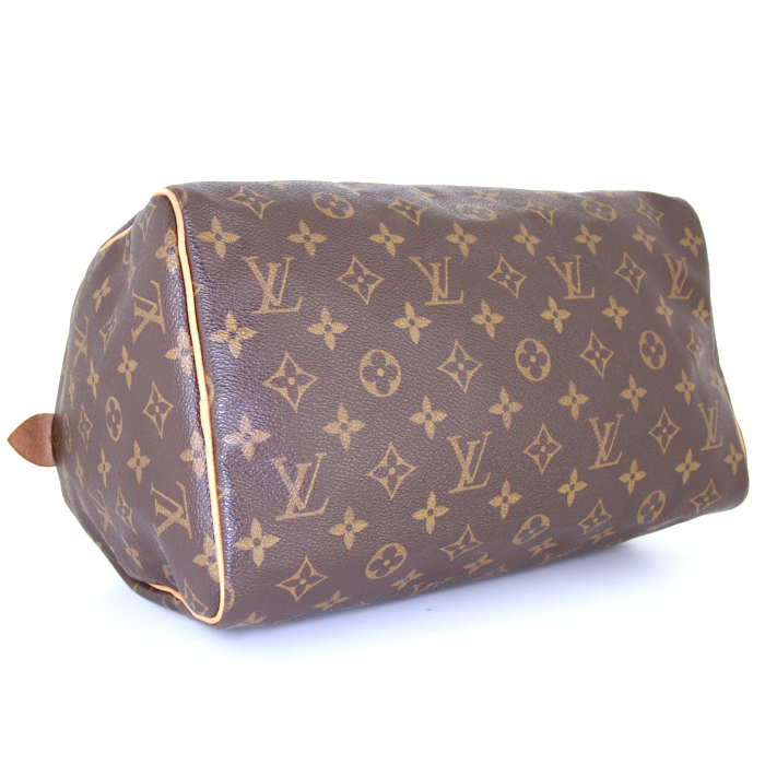 Sac à main Louis Vuitton Speedy 30 en toile monogram marron et cuir naturel - Detail D4