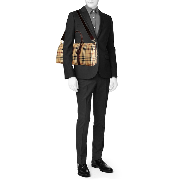 Sac de week end Burberry Vintage en toile enduite Haymarket tricolore beige noire et rouge et cuir marron - Detail D2