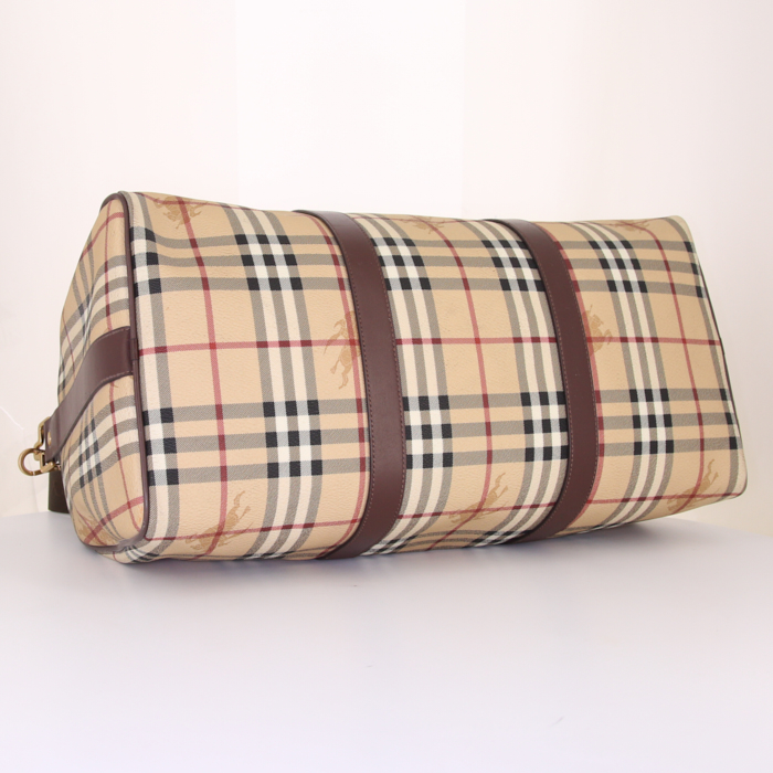 Borsa weekend Burberry Vintage in tela cerata Haymarket tricolore beige nera e rossa e pelle marrone - Detail D5