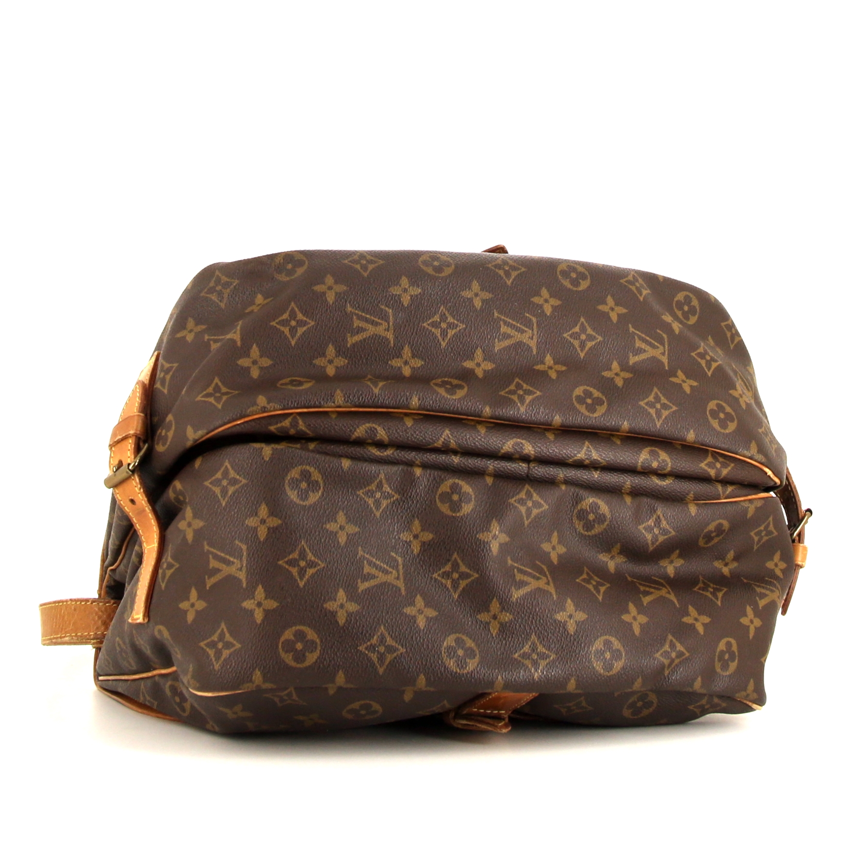 Sac bandoulière Louis Vuitton Saumur moyen modèle en toile monogram enduite marron et cuir naturel - Detail D5