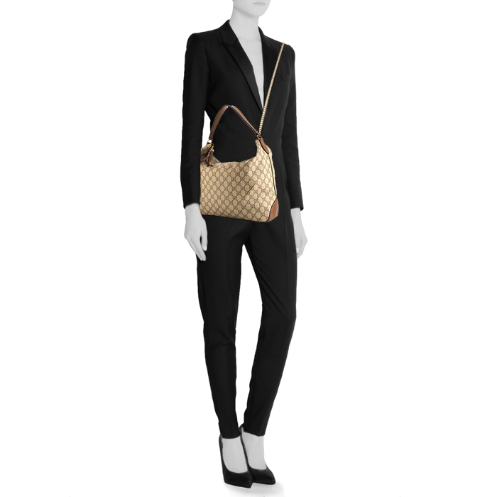Sac cabas Gucci Suprême GG grand modèle en toile monogram enduite beige et cuir marron - Detail D2