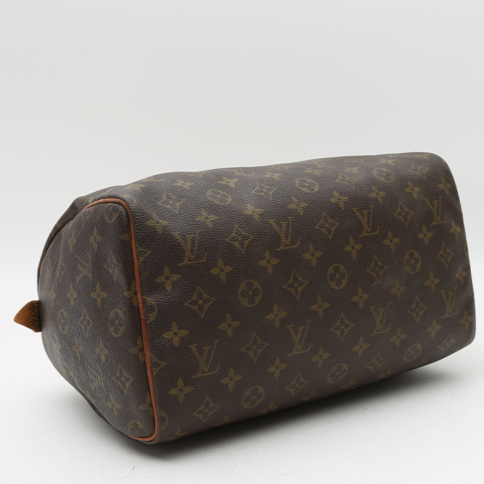 Bolso de mano Louis Vuitton Speedy 30 en lona Monogram marrón y cuero natural - Detail D4