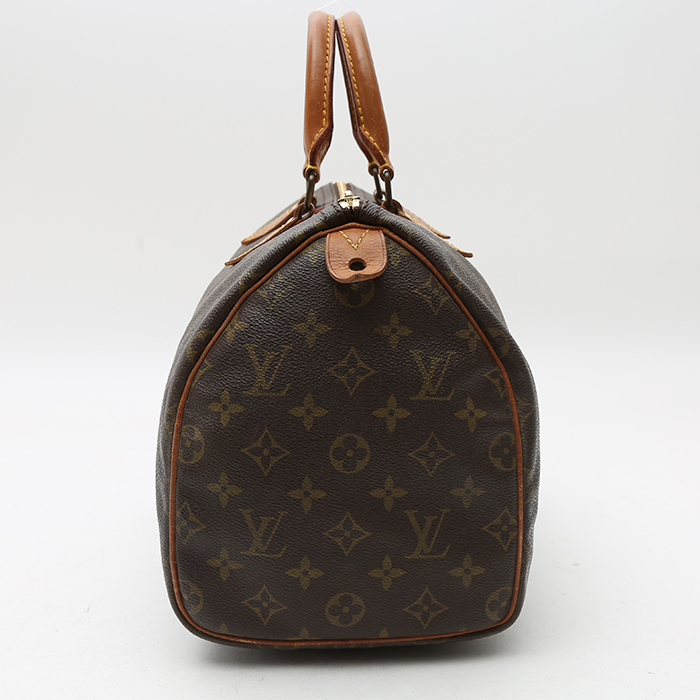 Sac à main Louis Vuitton Speedy 30 en toile monogram marron et cuir naturel - Detail D5