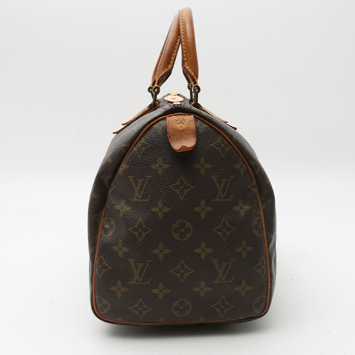 Sac à main Louis Vuitton Speedy 30 en toile monogram marron et cuir naturel - Detail D6