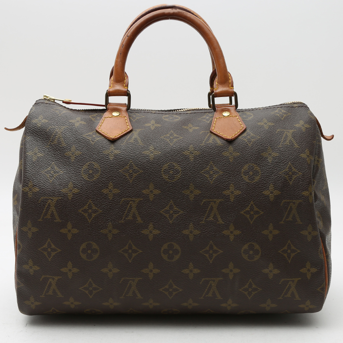 Sac à main Louis Vuitton Speedy 30 en toile monogram marron et cuir naturel - Detail D7