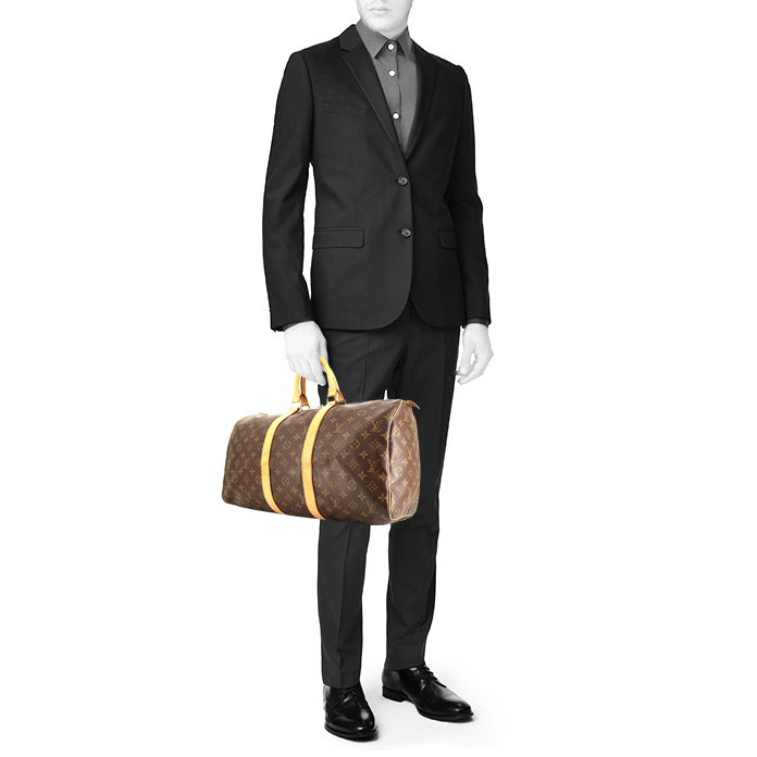 Bolsa de viaje Louis Vuitton Keepall 45 en lona Monogram marrón y cuero natural - Detail D1