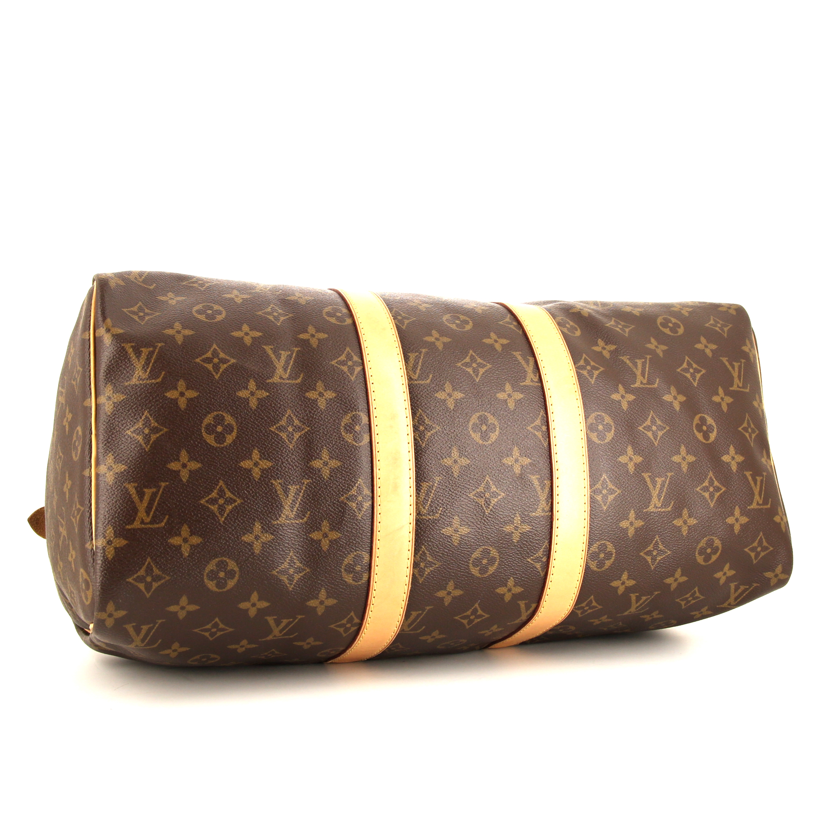 Sac de voyage Louis Vuitton Keepall 45 en toile monogram marron et cuir naturel - Detail D4