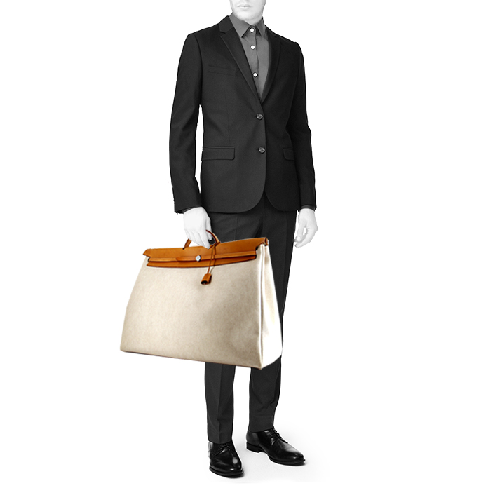 Bolsa de viaje Hermes Herbag modelo grande en lona beige y cuero natural - Detail D1
