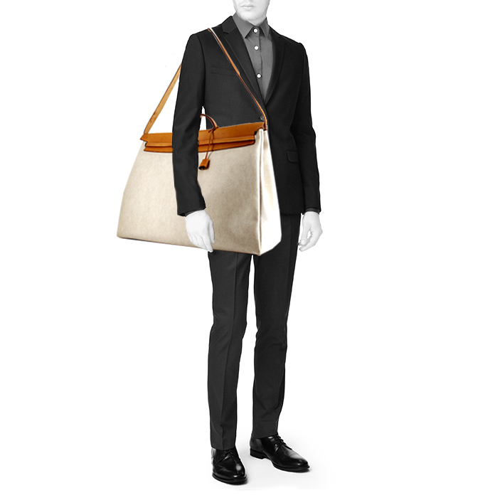 Borsa da viaggio Hermes Herbag modello grande in tela beige e pelle naturale - Detail D2