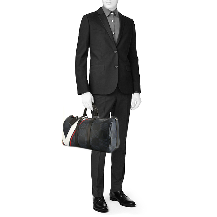 Borsa weekend Louis Vuitton Keepall Editions Limitées American's cup 2017 in tela a scacchiera di cobalto con motivo bianco e rosso e pelle nera - Detail D1