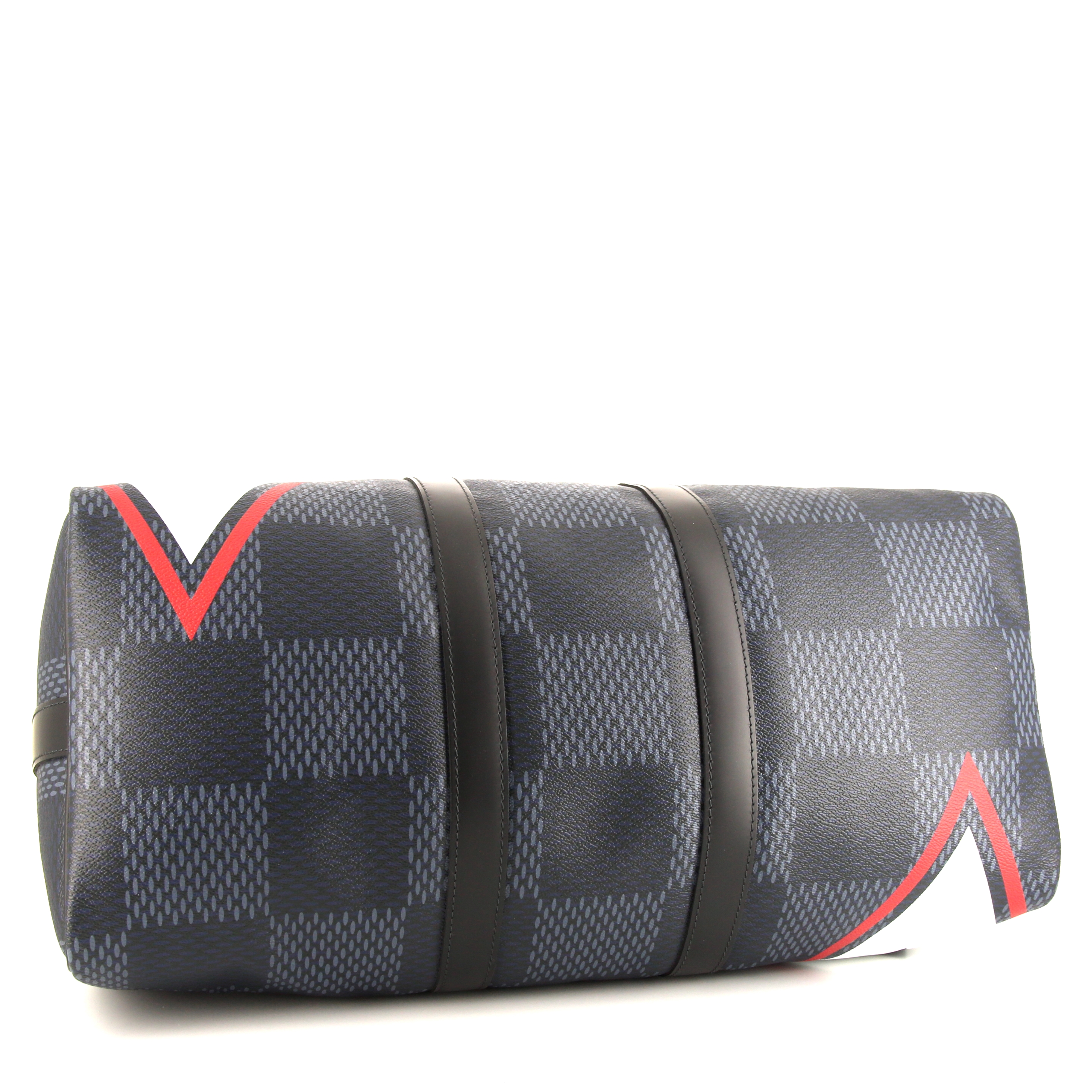 Bolso de fin de semana Louis Vuitton Keepall Editions Limitées American's cup 2017 en un lienzo de damero de cobalto con diseño blanco y rojo y cuero negro - Detail D5