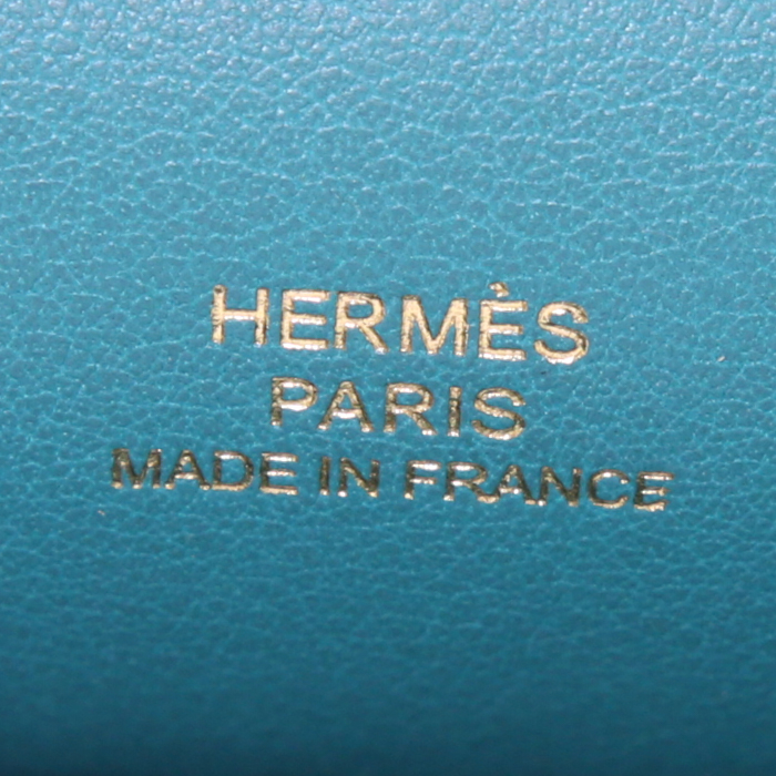 Hermes Constance mini shoulder bag in Ocean Blue doblis calfskin and malachite green Swift leather - Detail D4