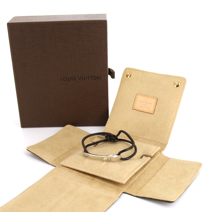 Bracelet Louis Vuitton Serrure Pampilles en or blanc et cuir marron