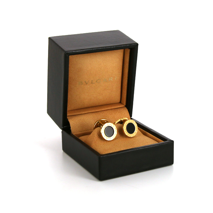 Articulated Bulgari Bulgari Bulgari pair of cufflinks in yellow gold and onyx - Detail D2