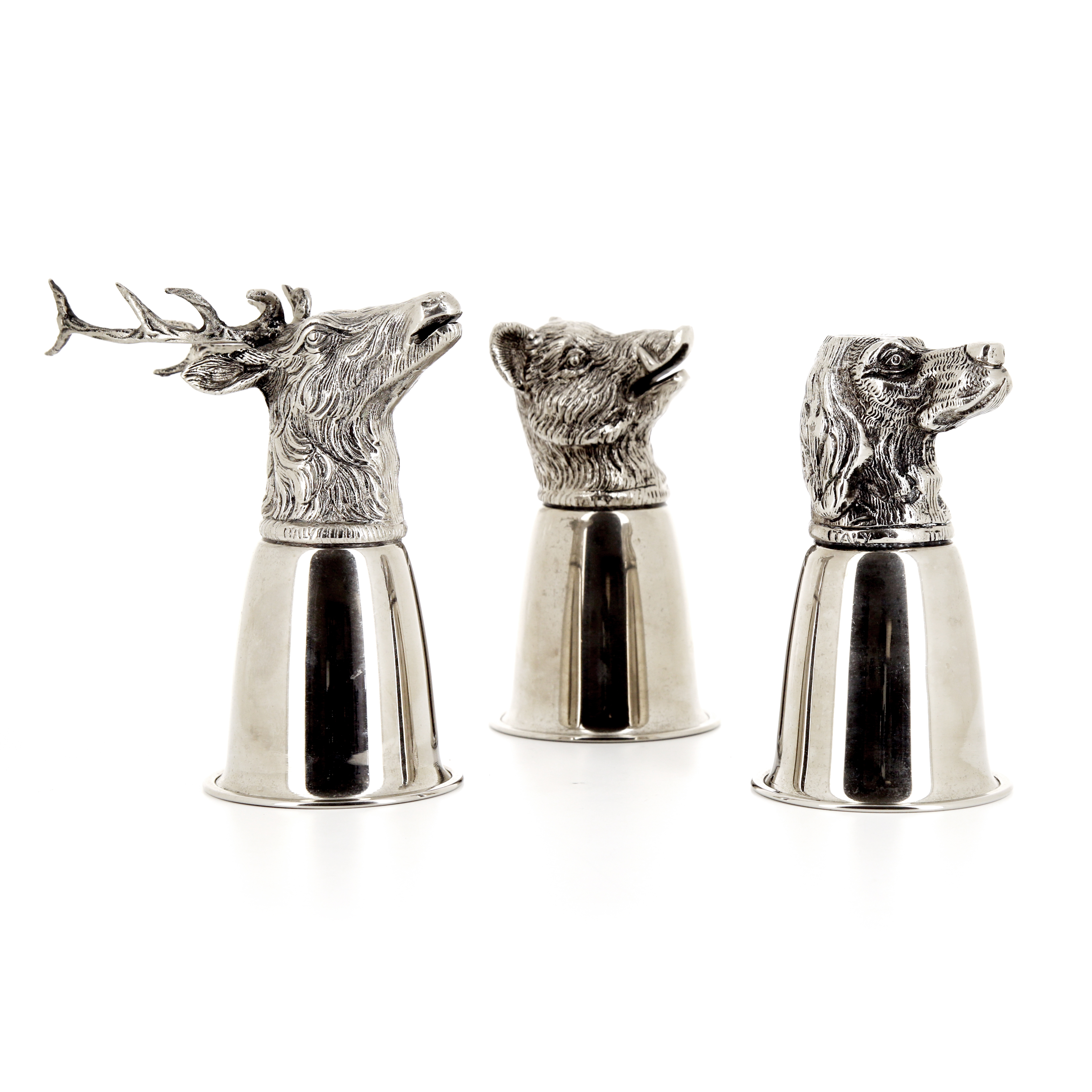 Gucci, six hunting goblets, in silver metal, decorated with animal heads, 1970s