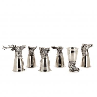 Gucci, six hunting goblets, in silver metal, decorated with animal heads, 1970s