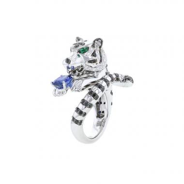 Anello Boucheron Bagha le Tigre in oro bianco,  zaffiri e smeraldo e diamanti