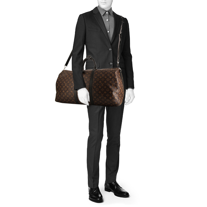 Louis Vuitton Keepall 55 cm travel bag in brown monogram canvas Macassar and black leather - Detail D2