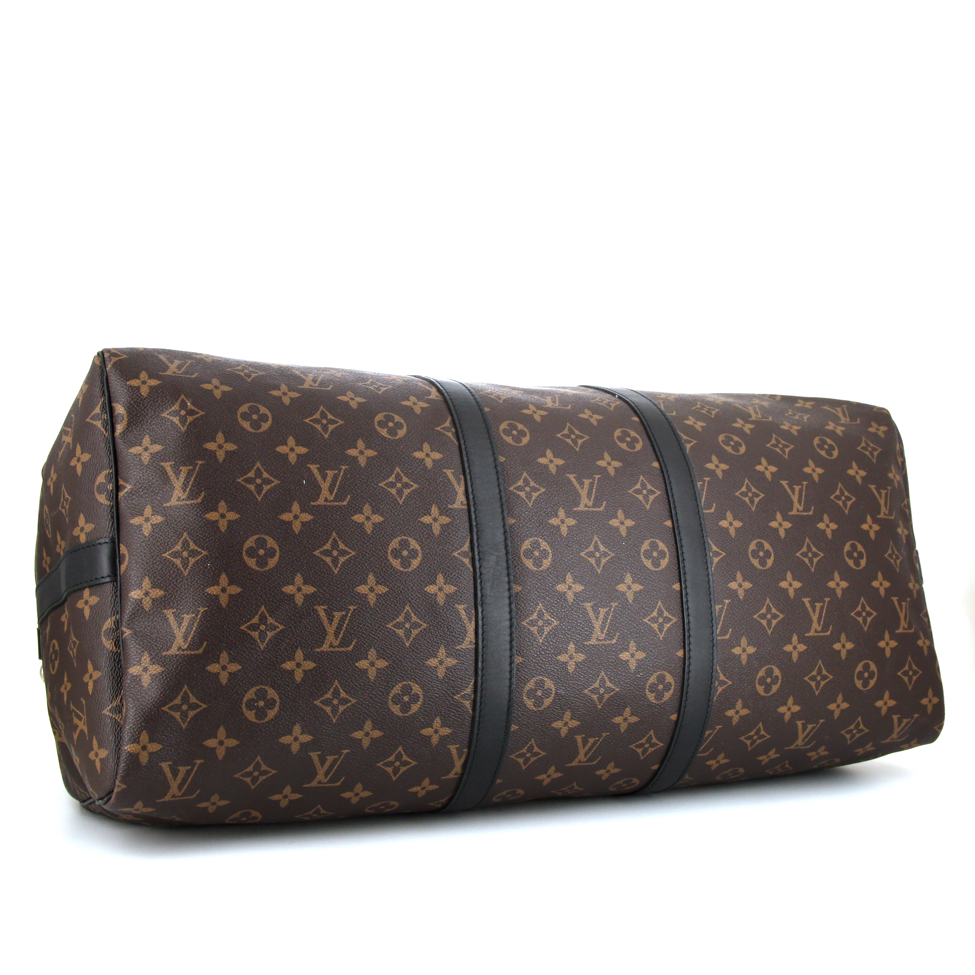 Sac de voyage Louis Vuitton Keepall 55 cm en toile monogram Macassar marron et cuir noir - Detail D5