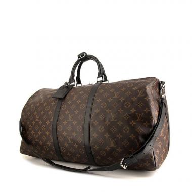 Borsa da viaggio Louis Vuitton Keepall 55 cm in tessuto a monogramma Macassar marrone e pelle nera