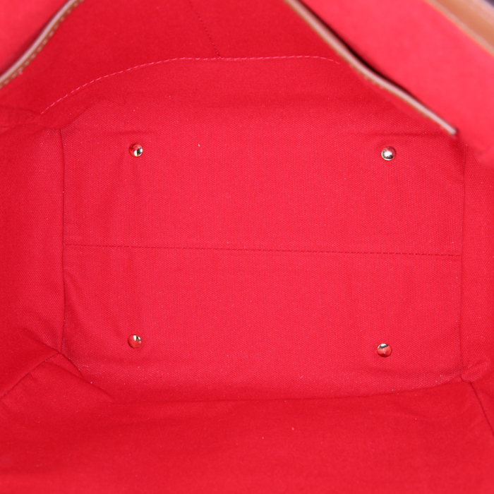 Sac cabas Burberry Canterbury petit modèle en toile enduite Haymarket beige , noire rouge et blanche et cuir marron - Detail D2