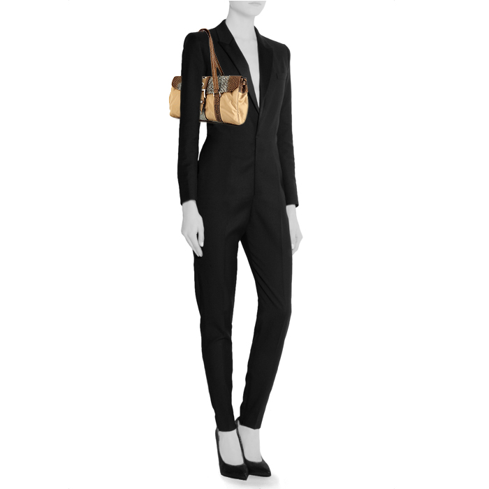 Prada handbag in beige canvas and beige water snake - Detail D1