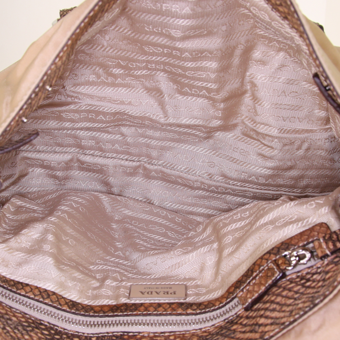 Prada handbag in beige canvas and beige water snake - Detail D2