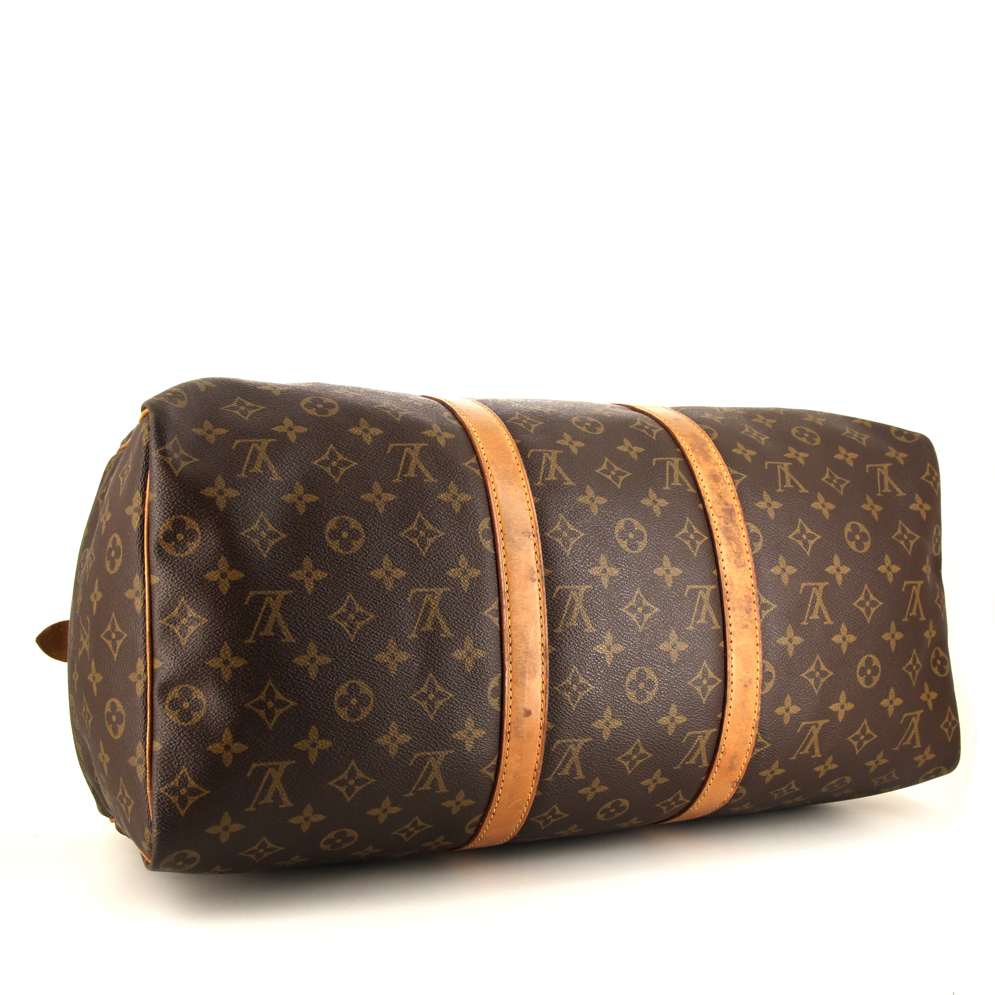 Sac de voyage Louis Vuitton  Keepall 50 en toile monogram marron et cuir naturel - Detail D4