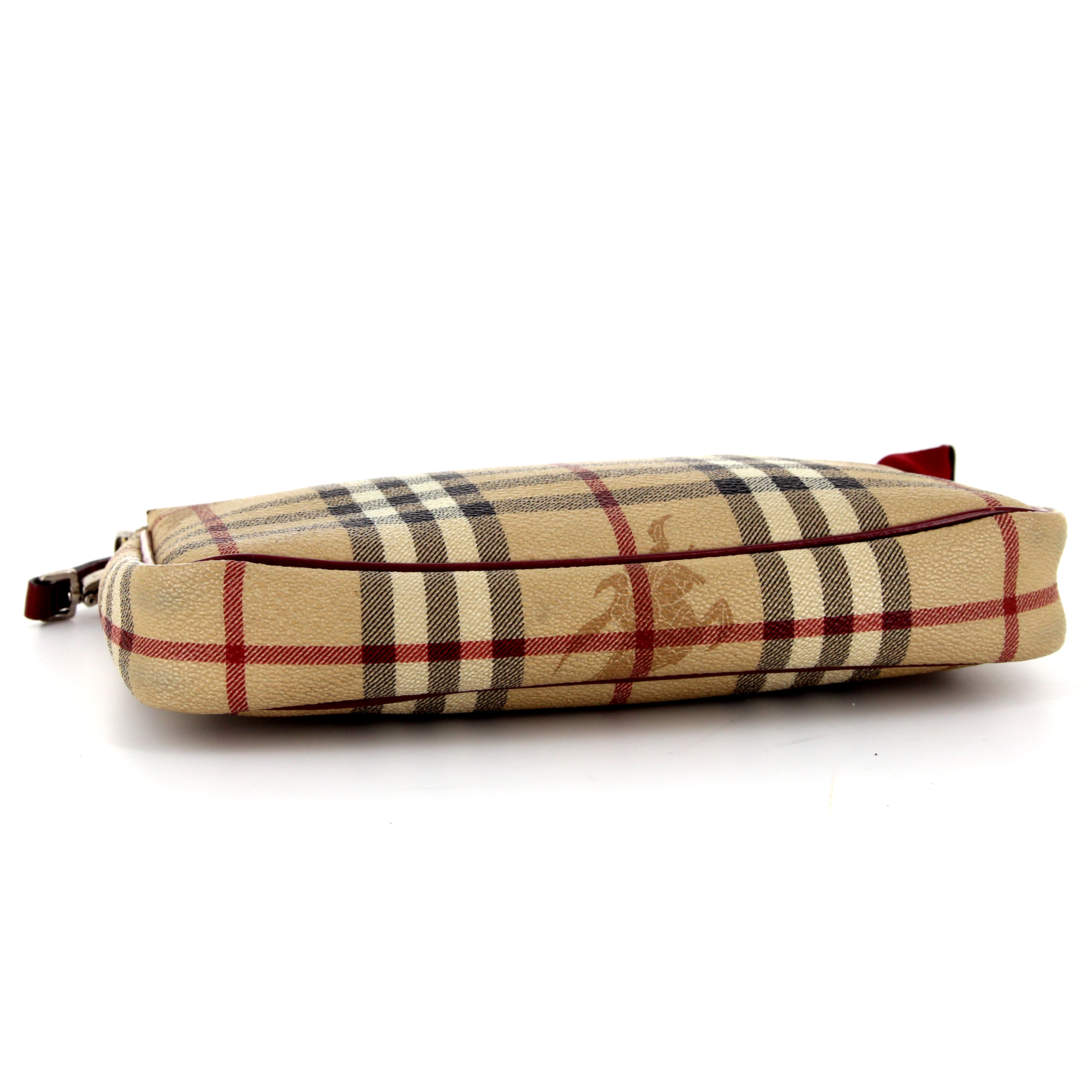 Burberry pouch in beige Haymarket canvas and red leather - Detail D4