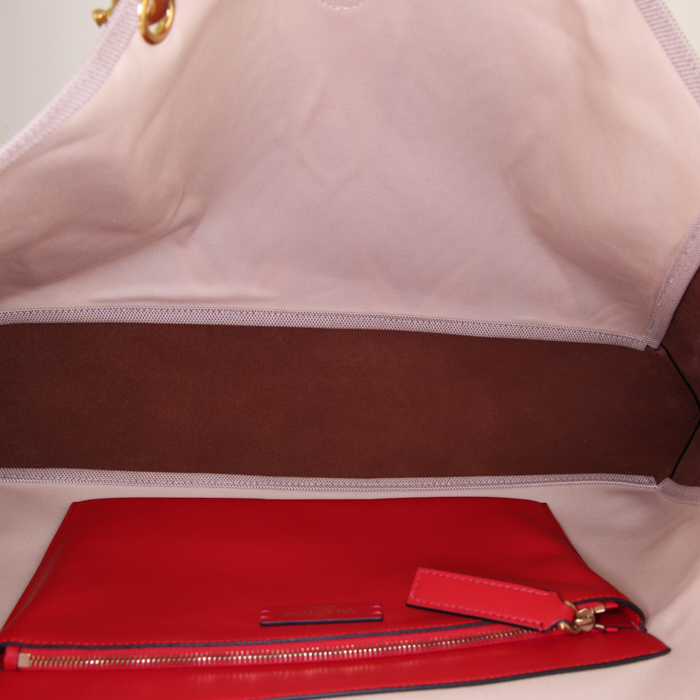 Sac cabas Valentino Garavani City Safari en cuir marron et noir et toile beige - Detail D2