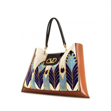 Shopping bag Valentino Garavani City Safari in pelle marrone e nera con decorazione a piume e tela beige