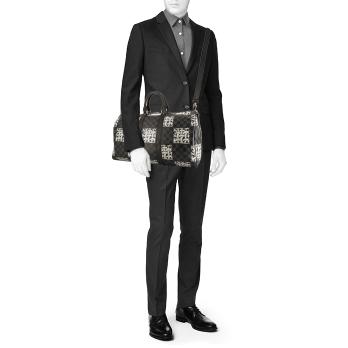 Sac de voyage Louis Vuitton Keepall 45 en toile damier graphite et cuir noir - Detail D2