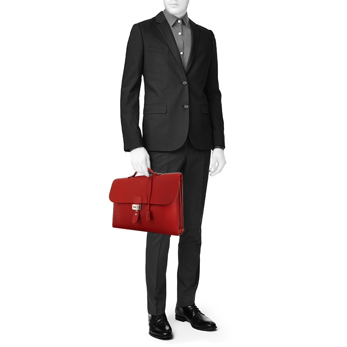 Hermès Sac à dépêches briefcase in red Braise grained leather - Detail D1