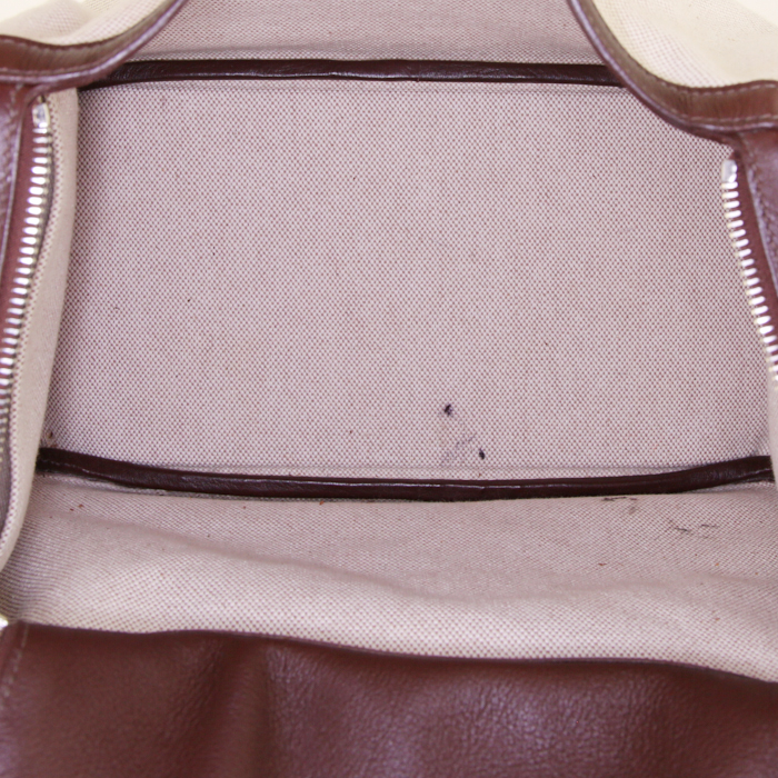 Sac porté épaule Hermès Lindy 30 cm en toile beige et cuir Swift marron - Detail D2