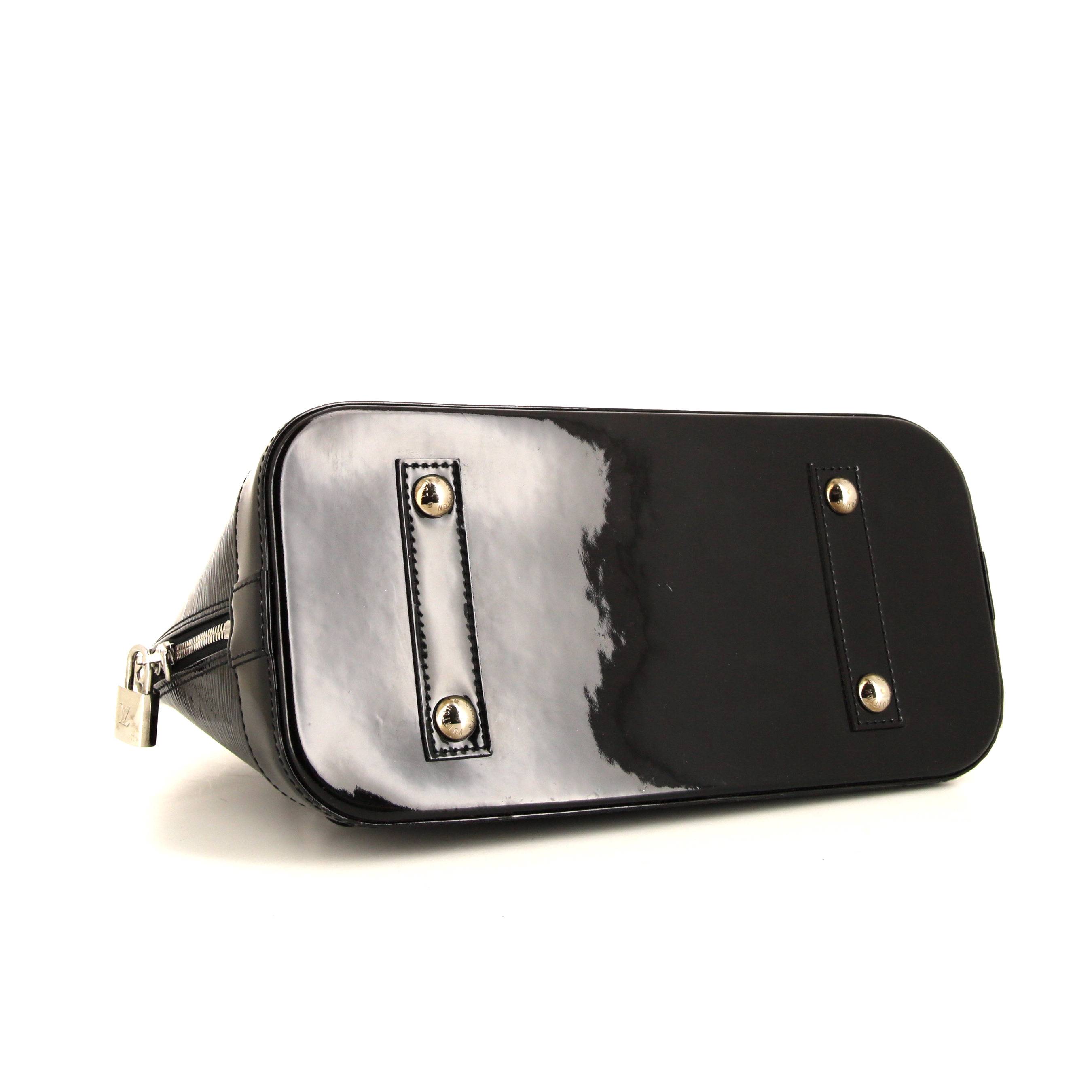 Sac à main Louis Vuitton Alma petit modèle en cuir épi verni noir - Detail D4
