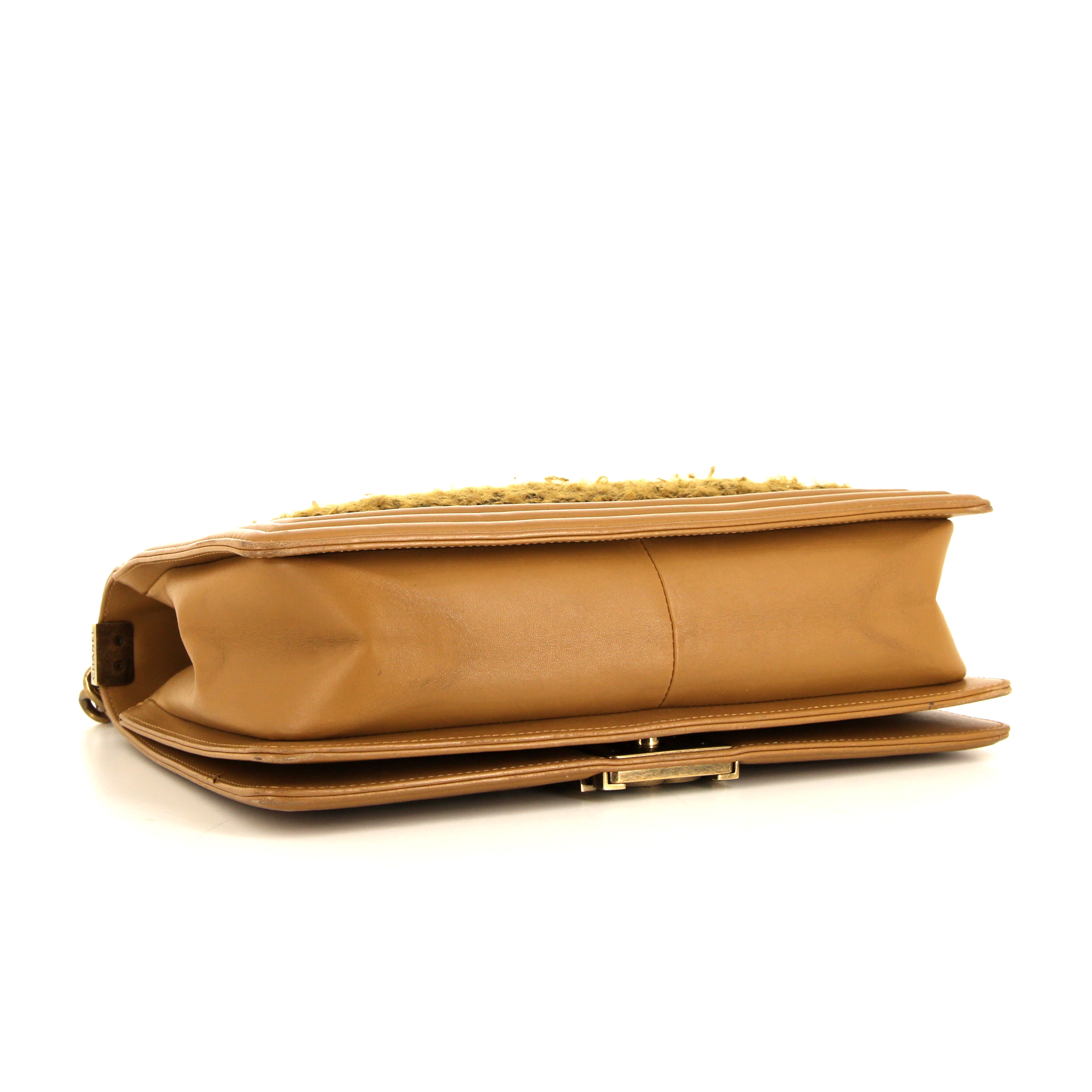 Borsa a tracolla Chanel Boy modello grande in lana marrone e pelle marrone - Detail D5