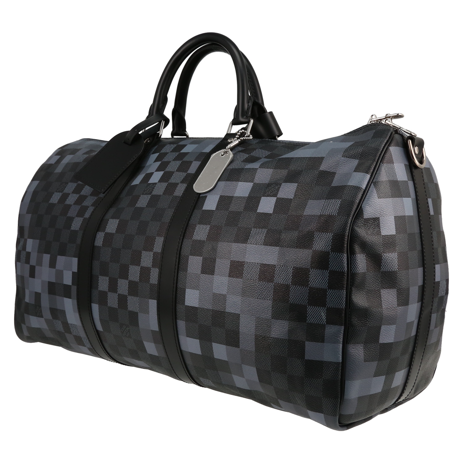 Sac de voyage Louis Vuitton Keepall 50  Editions Limitées Pixel en toile enduite grise et noire et cuir noir - Detail D2