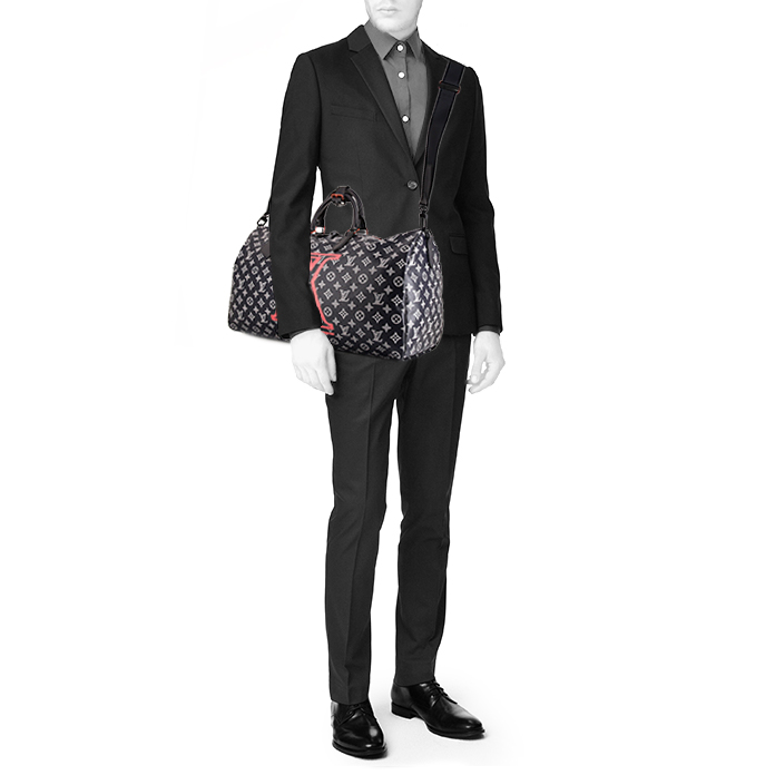 Sac de voyage Louis Vuitton Keepall Upside Down Editions Limitées en toile monogram bleue blanche et rouge et cuir bleu - Detail D2