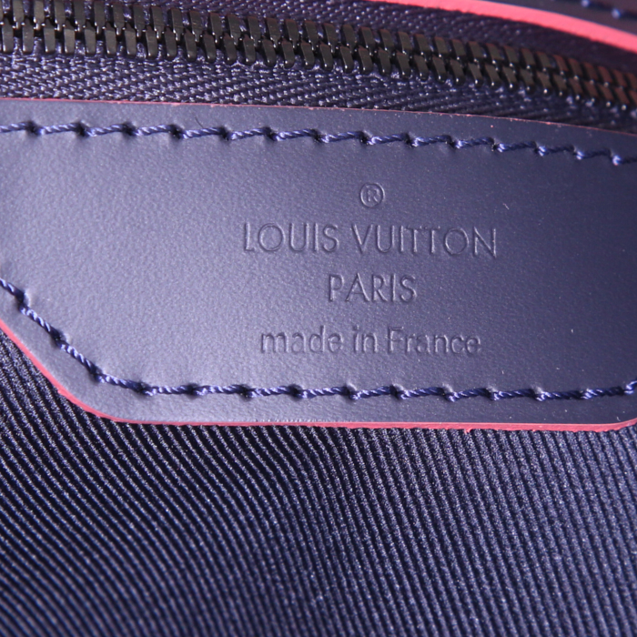 Bolsa de viaje Louis Vuitton Keepall Upside Down Editions Limitées en lona Monogram azul, blanca y roja y cuero azul - Detail D4