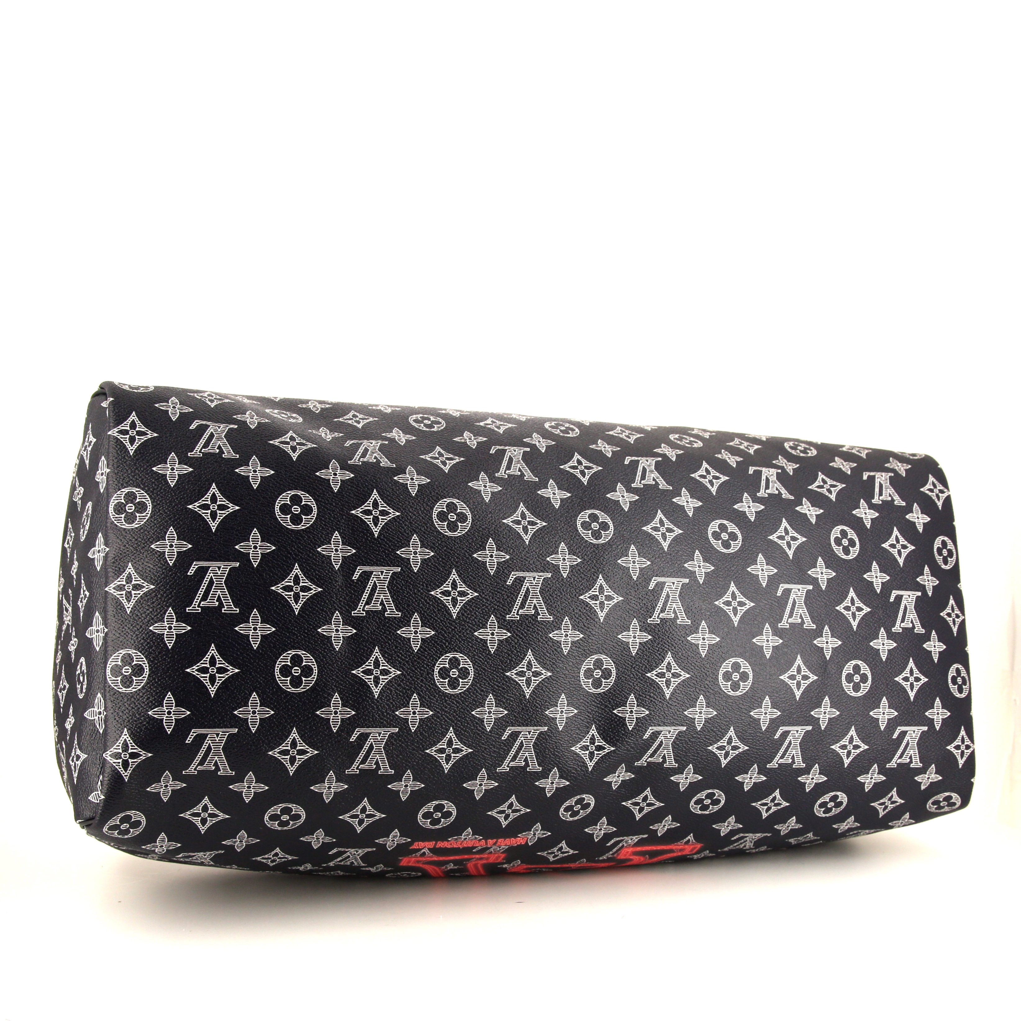 Bolsa de viaje Louis Vuitton Keepall Upside Down Editions Limitées en lona Monogram azul, blanca y roja y cuero azul - Detail D5